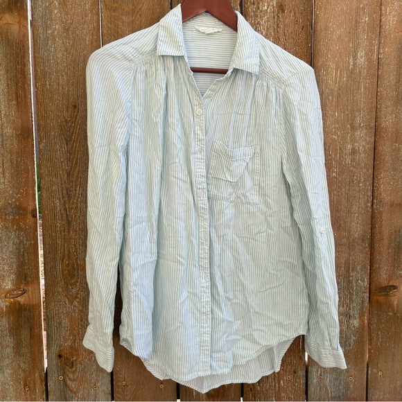 Beachlunchlounge Women’s Blue White Stripe Smocked Button Down Shirt Small - Picture 1 of 13